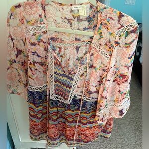 Anthropologie Orange Pink Graphic 3/4 Sleeve Tunic